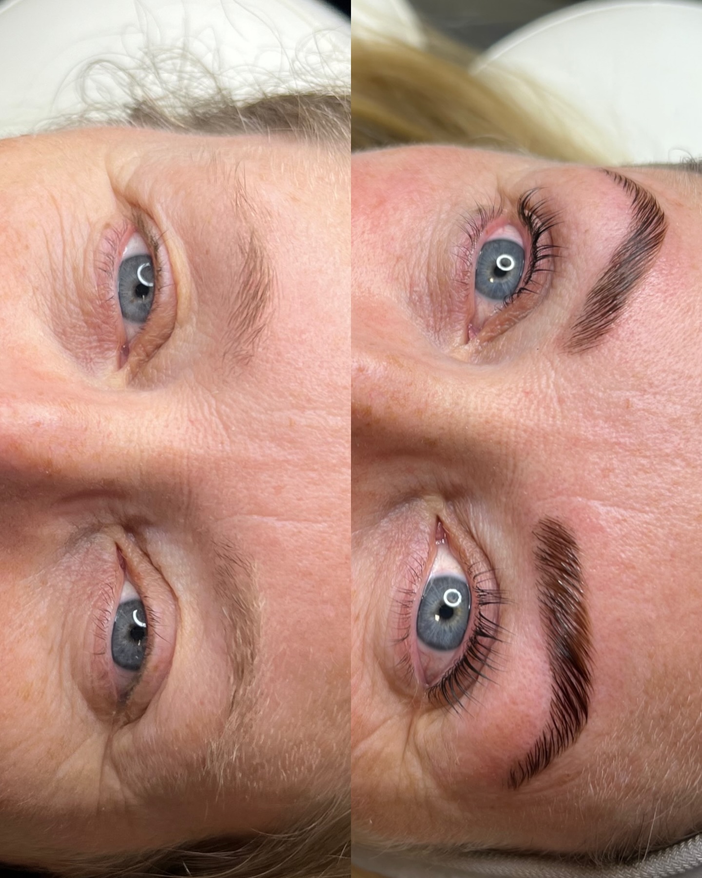 Före och efter browlift och trådning